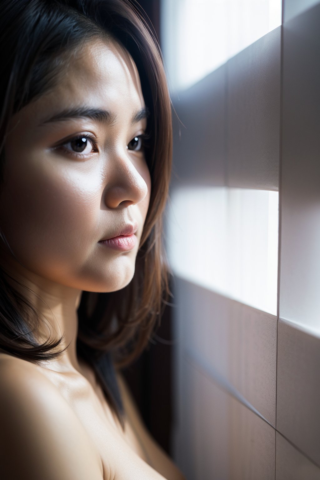 raw photo,  indonesian woman,  (close-up),  naked,  natural lighting,  blinds shadow,  grey background