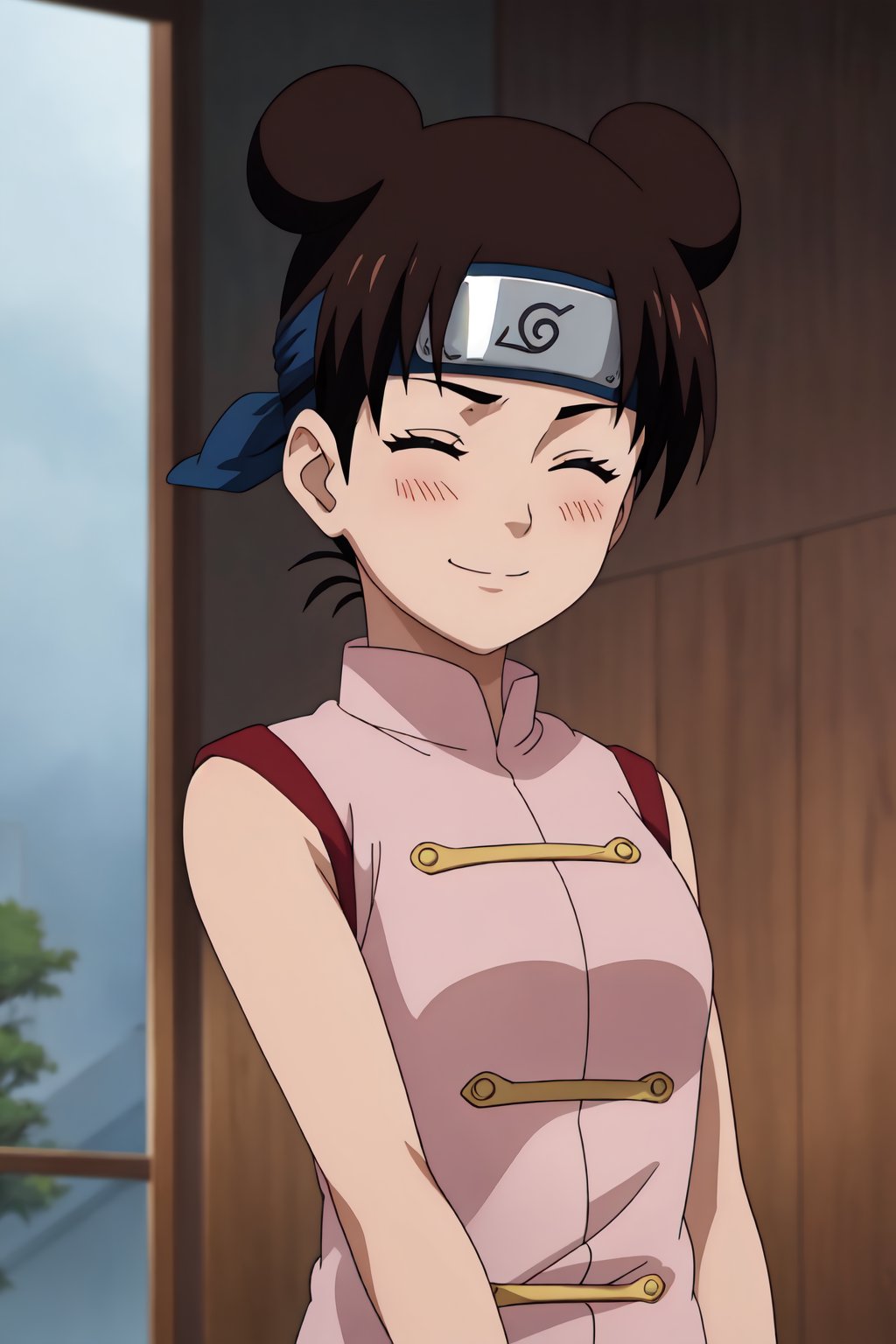 tenten, 4k, absurd, high resolution, very high resolution, high definition, masterpiece, anime_source, 2 bows, short brown hair, "pink sleeveless shirt", girl, upper body, looking_at_viewer, smile, closed eyes, blushing, embarrased<lora:EMS-383091-EMS:0.800000>