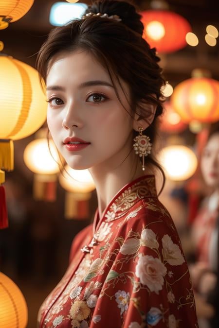 Spring Festival,1girl,solo,lantern,red lips,hair ornament,looking at viewer,chinese clothes,blurry,upper body,paper lantern,earrings,jewelry,makeup,black hair,brown hair,lipstick,smile,best quality,masterpiece,illustration,an extremely delicate and beautiful,CG,unity,8k wallpaper,Amazing,finely detail,masterpiece,official art,extremely detailed CG unity 8k wallpaper,incredibly absurdres,huge filesize,ultra-detailed,highres,extremely detailed,beautiful detailed girl,realistic,<lora:Spring Festival_20240128014515:0.8>,