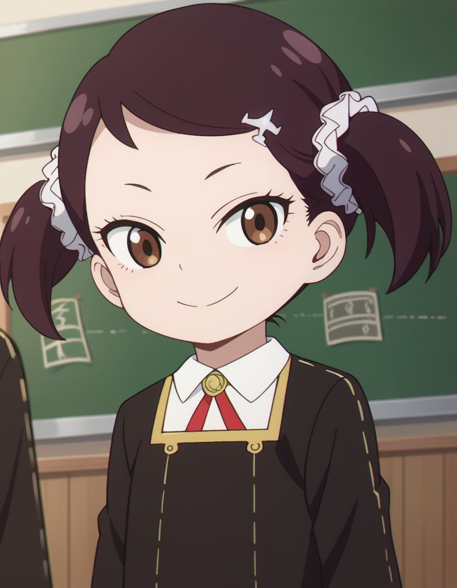 score_9, score_8_up, score_7_up, source_anime,beckyblackbell, <lora:becky-blackbell-s1-ponyxl-lora-nochekaiser:1>becky blackbell, black hair, hair ornament, twintails, hairclip, scrunchie, hair scrunchie, brown eyes,long sleeves, dress, school uniform, socks, black dress, eden academy school uniform,indoors, classroom, smile,looking at viewer, dutch angle, cowboy shot