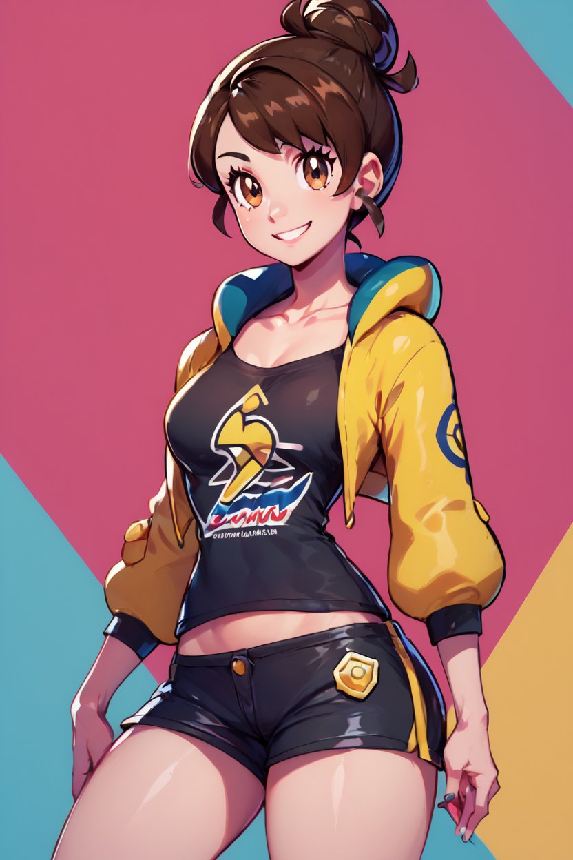 score_9, score_8_up, score_8, medium breasts, (curvy), cute, eyelashes,       gloria (pokemon), gloriaDojo, yellow jacket, black shirt, black shorts, knee pads, short hair, single hair bun, collarbone, cowboy shot, smile, looking at viewer, <lora:Gloria_Pokemon_P1:0.8>,   <lora:Vivid:0.8>, embedding:zPDXL,