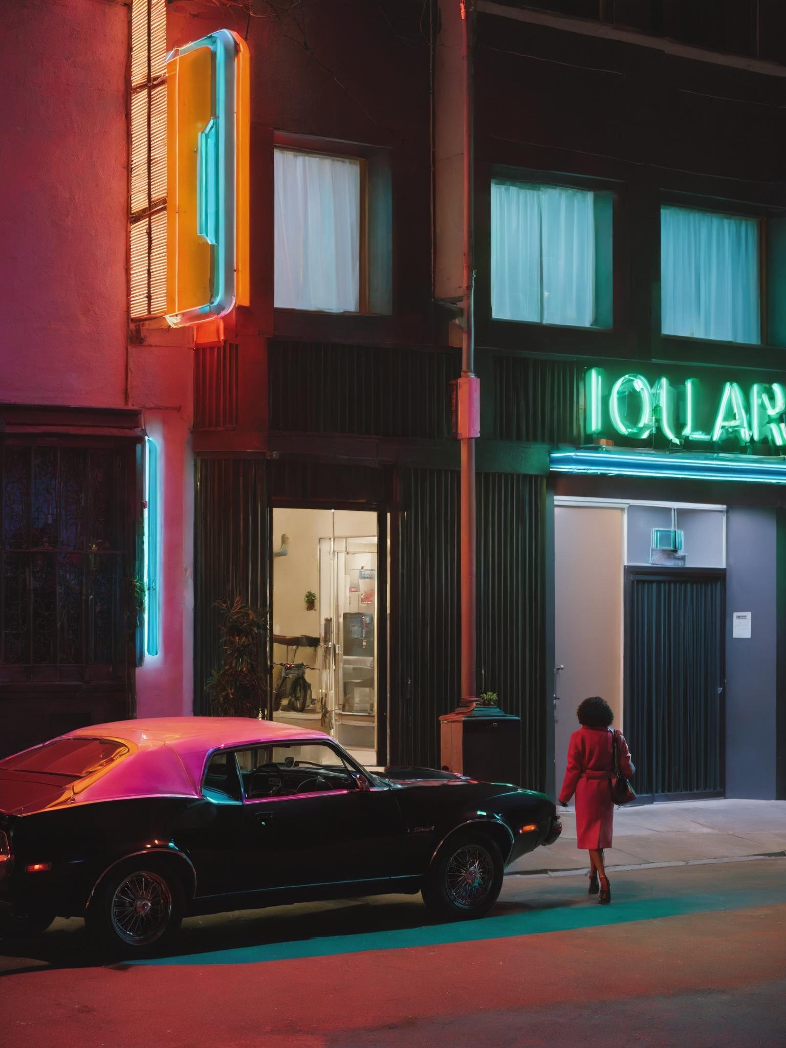 a woman walking past a car in front of a building , a car parked in front of a building with a neon sign , <lora:Movie_aesthetic_XL:1>