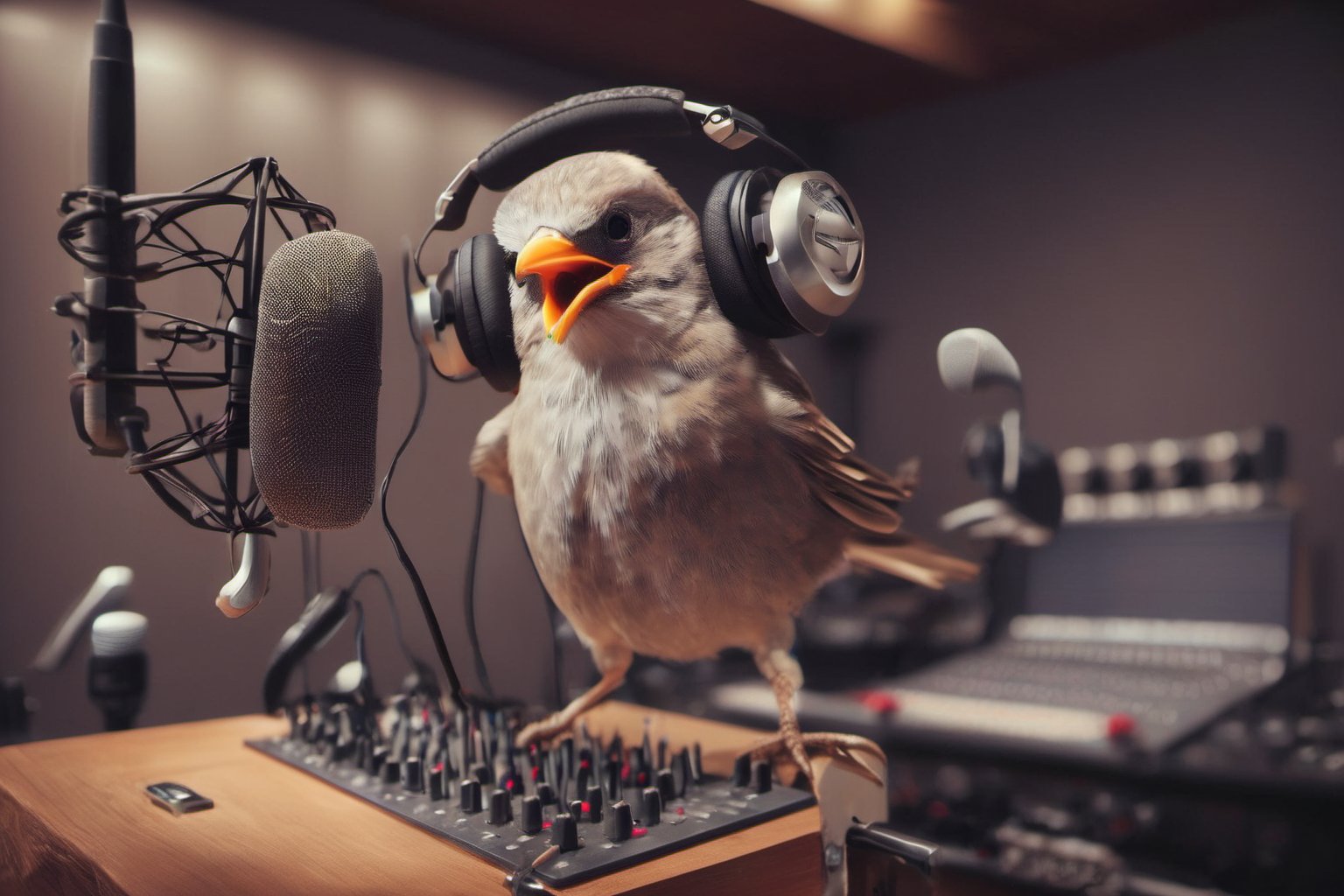 "A photograph of a bird wearing headphones and speaking into a high-end microphone in a recording studio.