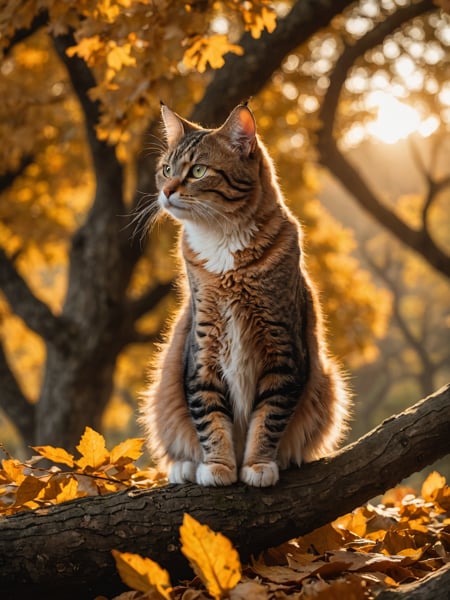 photo of a Cat poised gracefully atop an ancient oak tree, autumn leaves fluttering around, golden hour casting long shadows, backlit, sharp focus on feline, bokeh effect on background foliage, cinematic film still
