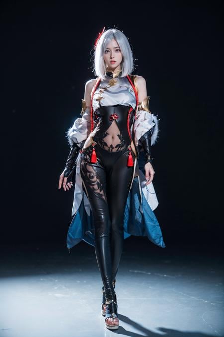 best quality, masterpiece, photorealistic, 1girl, solo, standing, arms at side, full body, looking at viewer, closed mouth, hair between eyes, expressionless, shenhe cosplay costume, cosplay, white hair, black bodysuit, breast curtain, shoulder cutout, partially fingerless gloves, hip vent, tassel, toeless footwear, hair ornament, simple background, <lora:genshin_Shenhe_cosplay_v1:0.7>