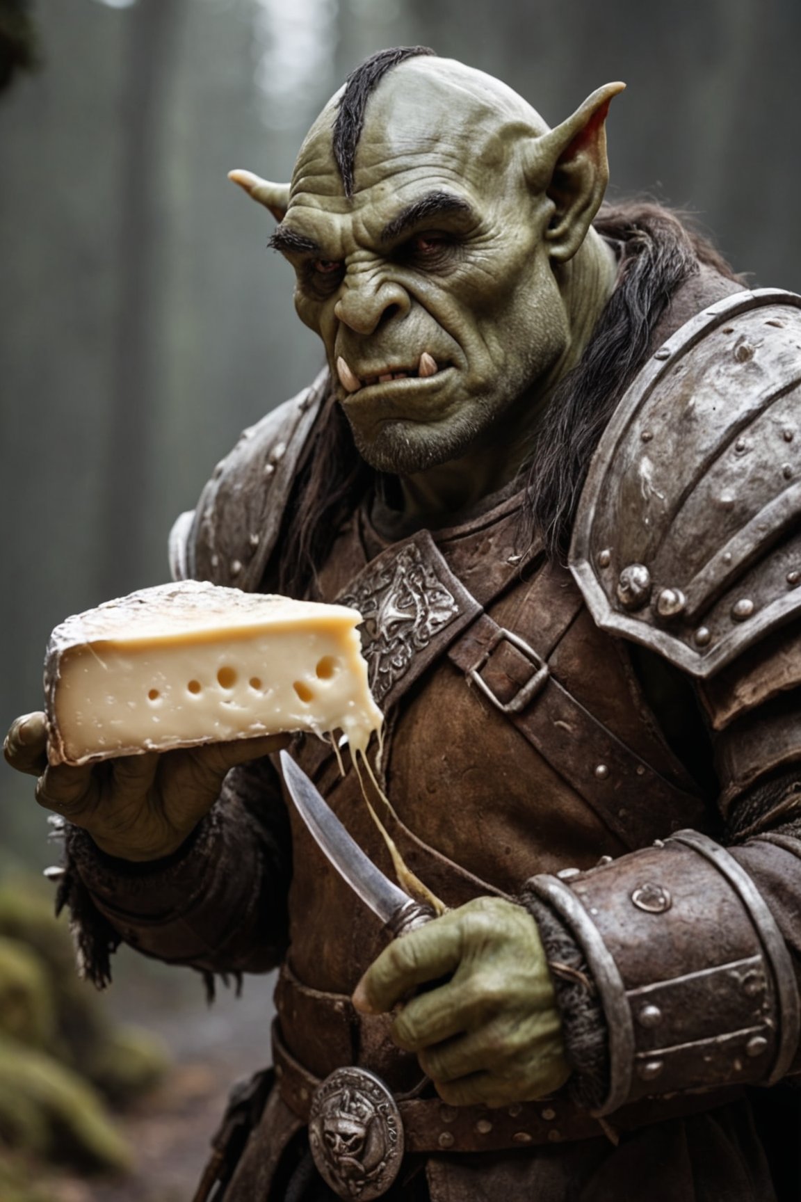 a orc lord is holding a piece of Emmentaler cheese in his hand