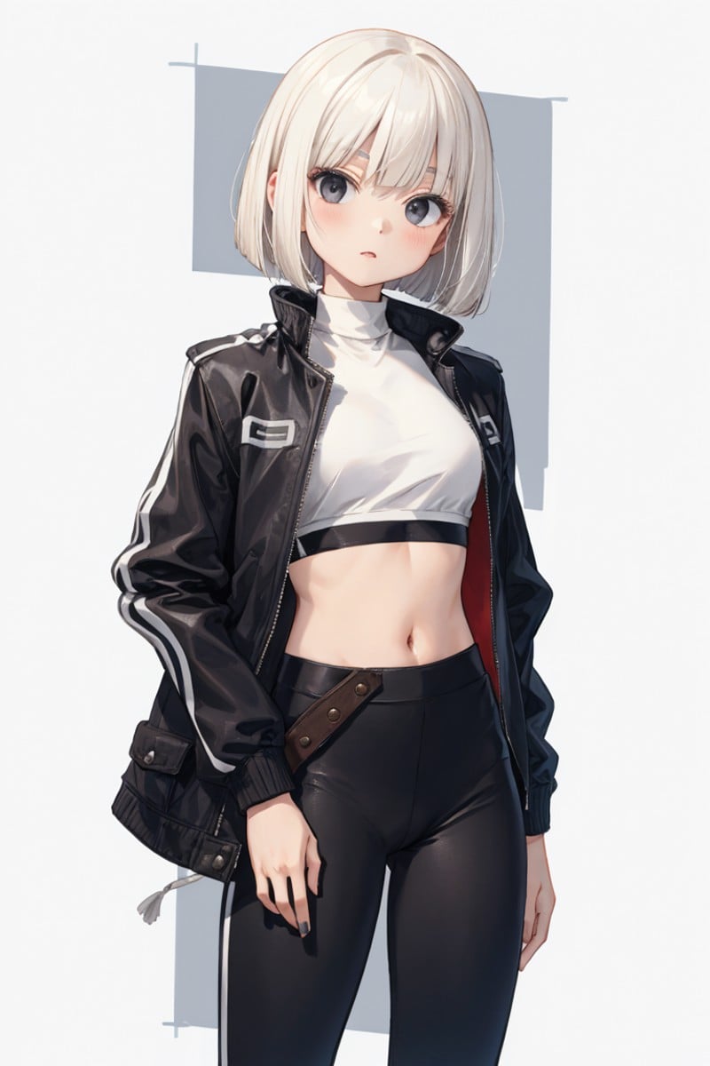 1lady,solo,leggings,cropped top,jacket,platinum blonde,bob cut,cowboy shot,black eyes,