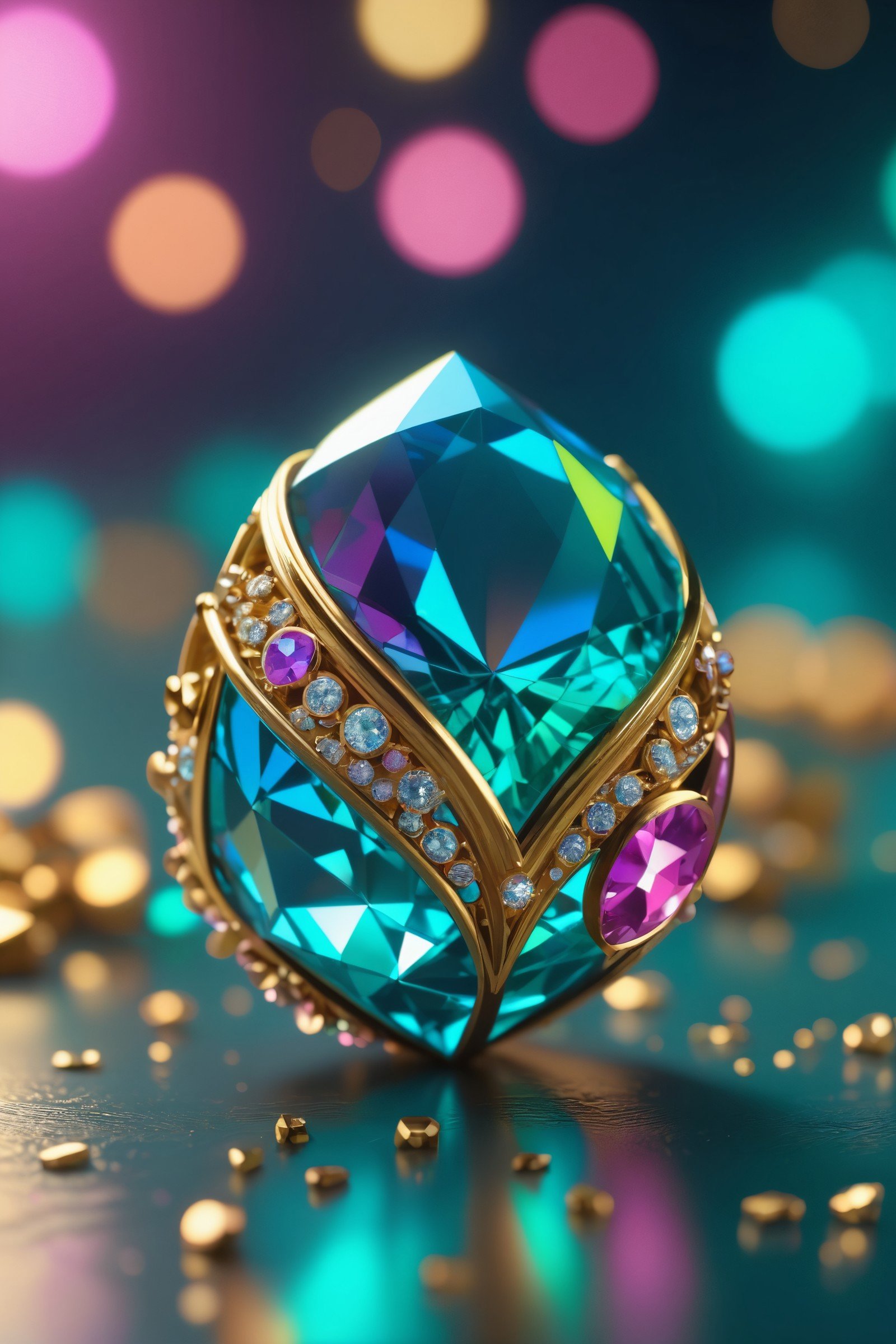 enigma, octane render, unreal engine, cinematic, hyper realism, 16k, depth of field, bokeh. iridescent accents. vibrant. teal and gold and diamond blue and pink and green scheme