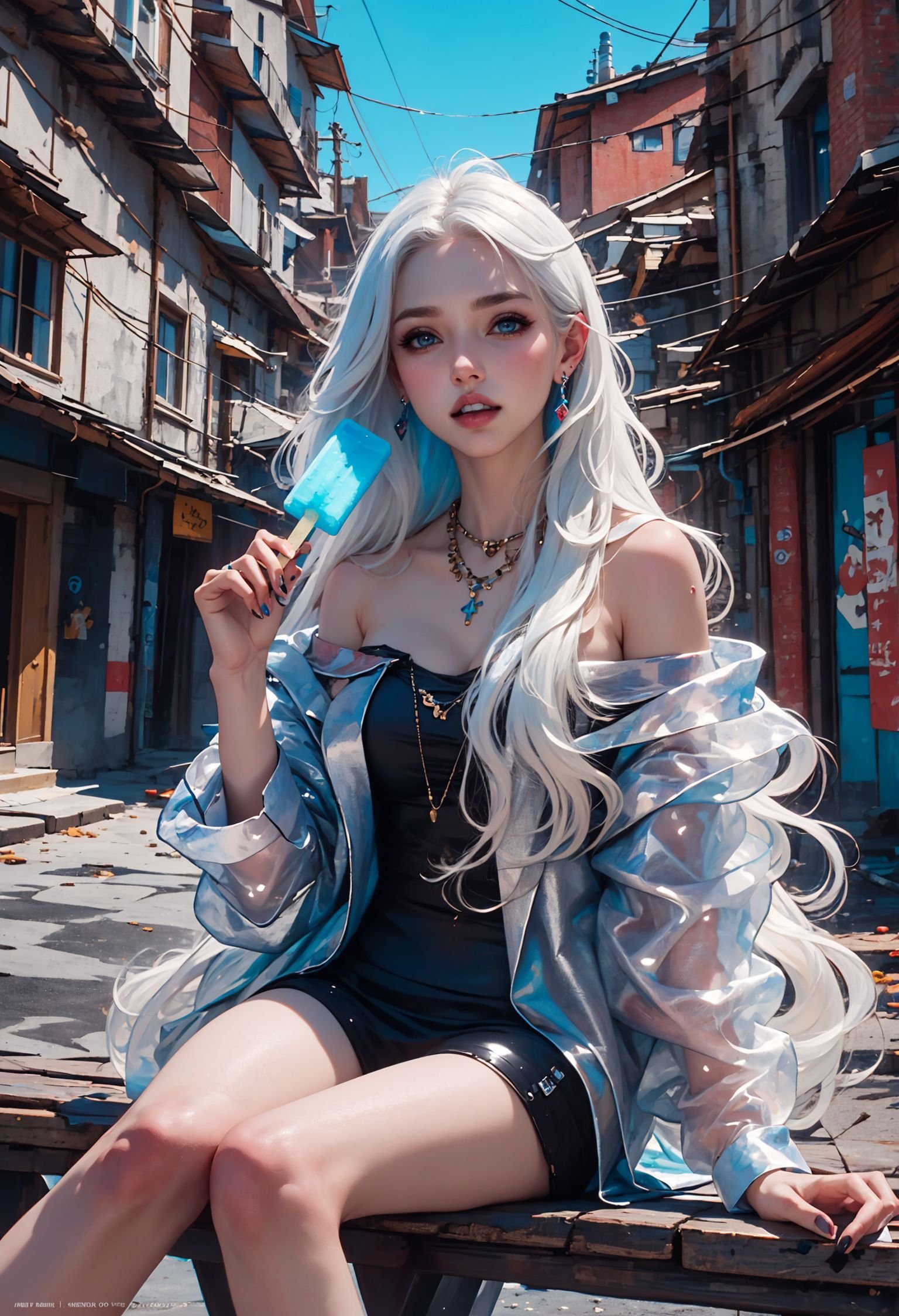(best quality,official art,beautiful and aesthetic:1.2),(fractal art:1.2),offcial art,colorful,Colorful background,splash of color,movie perspective,advertising style,magazine cover,xuer popsicle,1girl,solo,long hair,breasts,looking at viewer,blue eyes,long sleeves,dress,holding,cleavage,bare shoulders,jewelry,sitting,jacket,white hair,earrings,outdoors,parted lips,food,teeth,day,necklace,off shoulder,nail polish,lips,see-through,feet out of frame,watermark,holding food,building,blue nails,popsicle,<lora:绪儿-雪糕 xuer popsicle:0.8>,