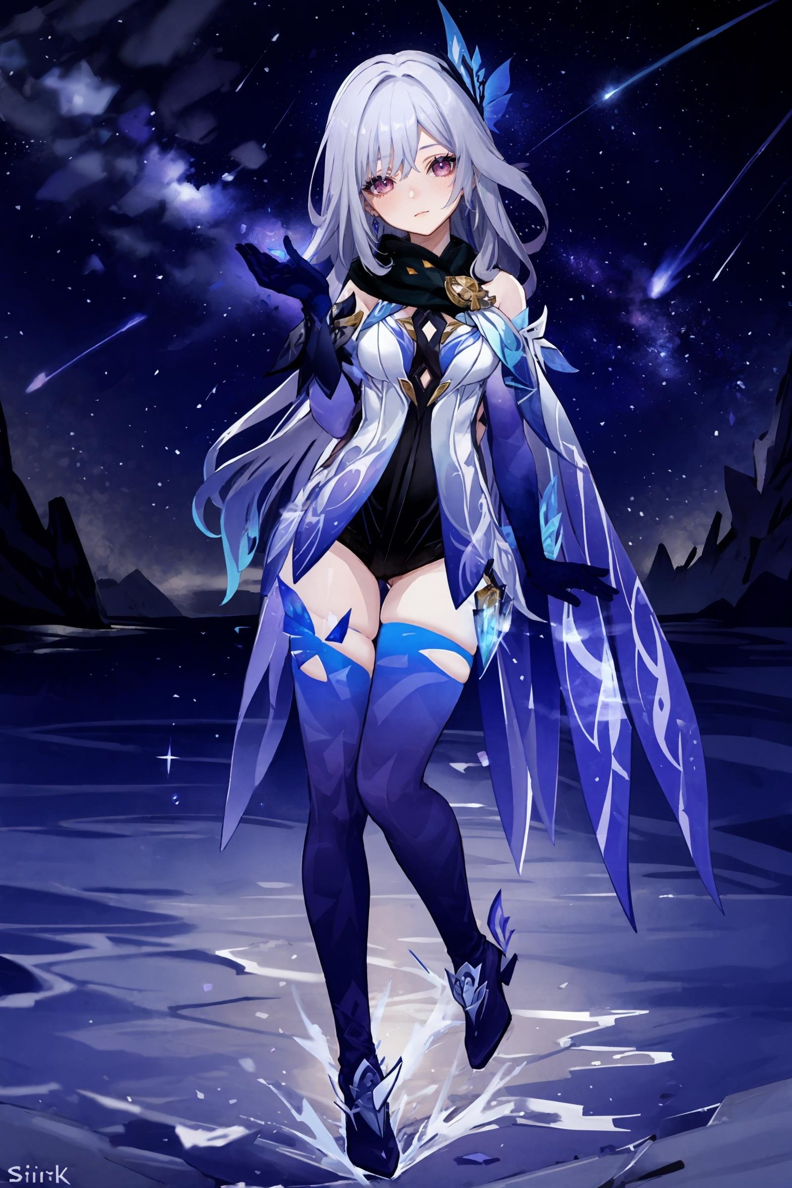 1girl, skirk \(genshin impact\), elbow gloves, earrings, cape, blue thighhighs, high heel boots, black scarf, butterfly hair ornament, armored leotard, looking at viewer, starry sky, shooting star, light smile, blush, embarrassed, full body, reclining, masterpiece