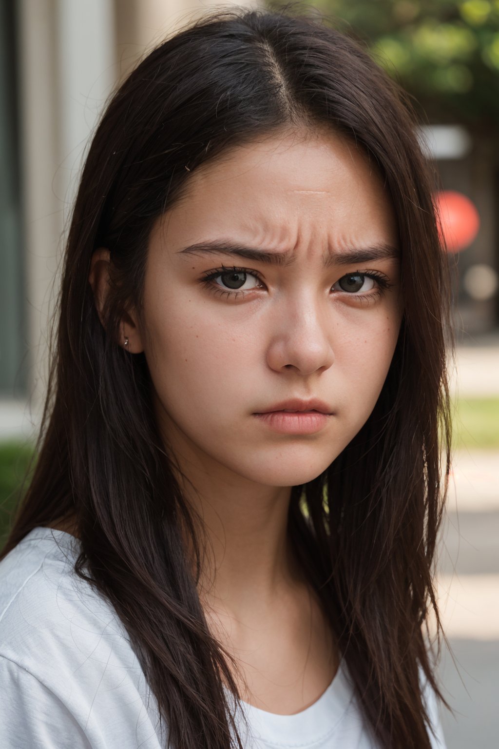 photo of a 18 year old girl, angry,annoyed, facing viewer,ray tracing,detail shadow,shot on Fujifilm X-T4,85mm f1.2,depth of field, realistic,