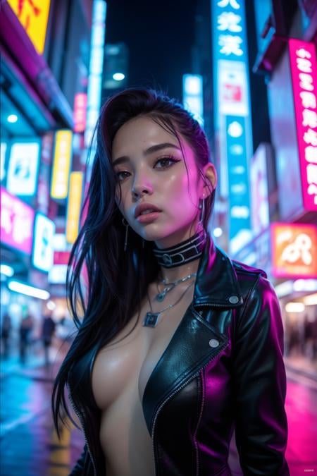 Cyberpunk,1girl,solo,long hair,blurry,neon lights,looking at viewer,cyberpunk,black hair,blurry background,parted lips,lips,upper body,depth of field,science fiction,jacket,outdoors,black eyes,1girl,best quality,masterpiece,illustration,an extremely delicate and beautiful,CG,unity,8k wallpaper,realistic,Amazing,finely detail,masterpiece,official art,extremely detailed CG unity 8k wallpaper,incredibly absurdres,huge filesize,ultra-detailed,highres,extremely detailed,beautiful detailed girl,<lora:Cyberpunk_20240131072835:0.8>,
