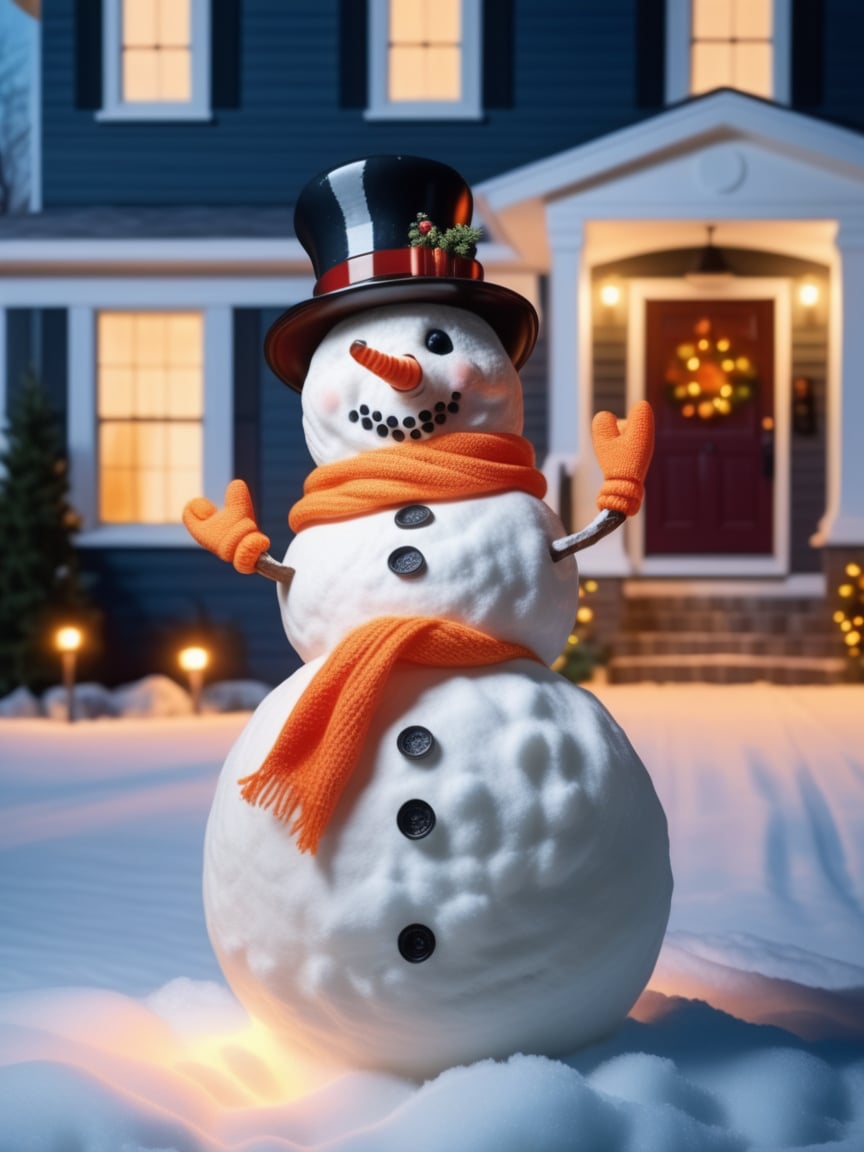 A snowman stands in a front yard, its carrot nose and coal eyes glowing in the moonlight., realistic, best quality