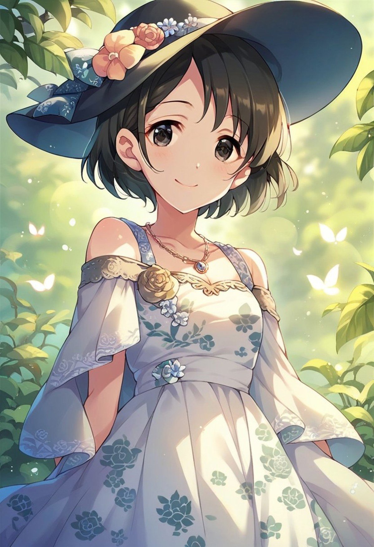 score_9, score_8_up, score_7_up, score_6_up, score_5_up, score_4_up,sasaki chie, short hair, black hair, black eyes,  1girl, hat, solo, necklace, smile, jewelry, dress, looking at viewer, floral print, shoulder cutout, hair over shoulder