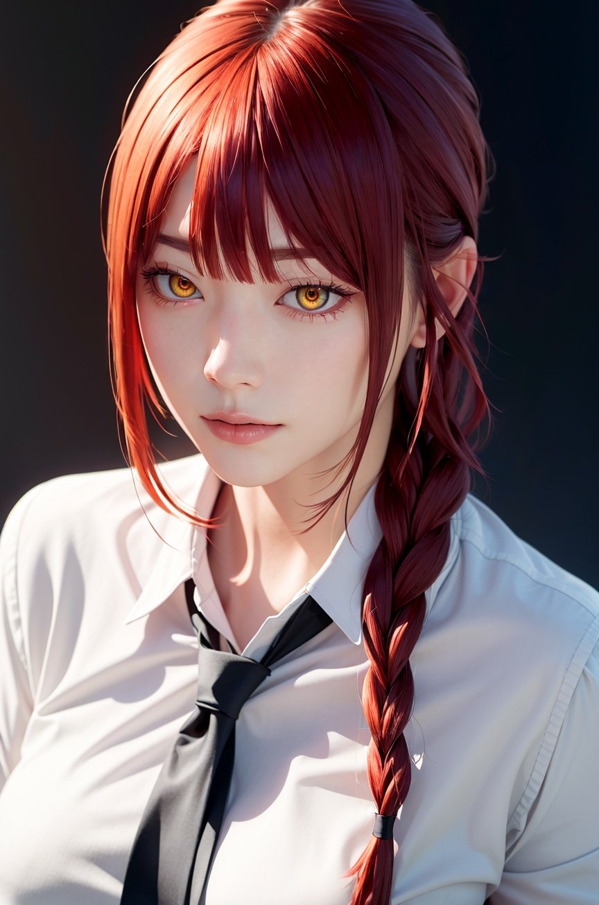 masterpiece, (photorealistic:1.4), best quality, beautiful lighting,(ulzzang-6500:0.5), makima \(chainsaw man\), (red hair)+(long braided hair)+(bangs), yellow eyes, golden eyes, ((ringed eyes)), (white shirt), (necktie),RAW photo, 8k uhd, film grain <lora:makima_offset:1>