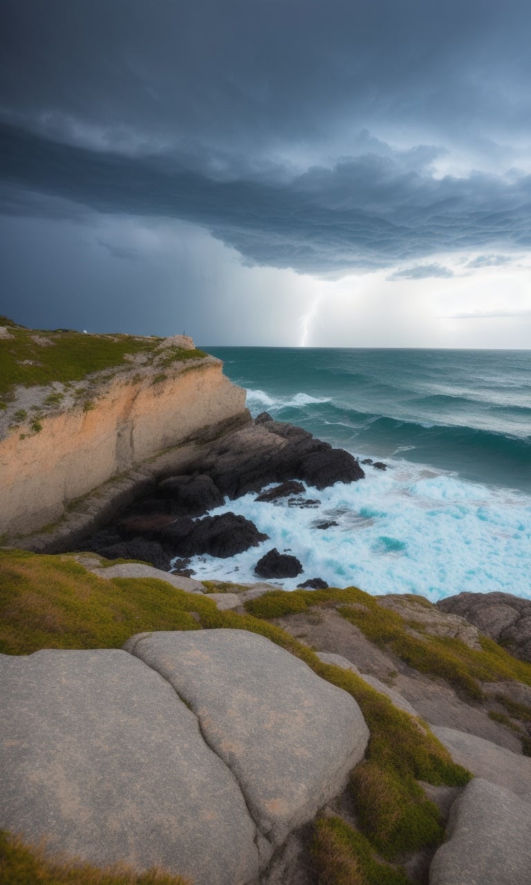 photo of coastline, rocks, storm weather, wind, waves, lightning, 8k uhd, dslr, soft lighting, high quality, film grain, Fujifilm XT3