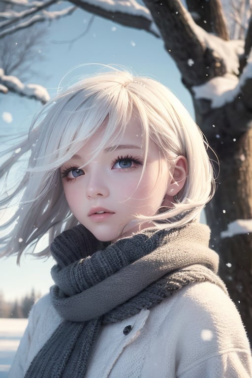 best quality, masterpiece, White hair,detailed, red eyes, windy, floating hair, snowy, upper body, detailed face, winter, trees, sunshine