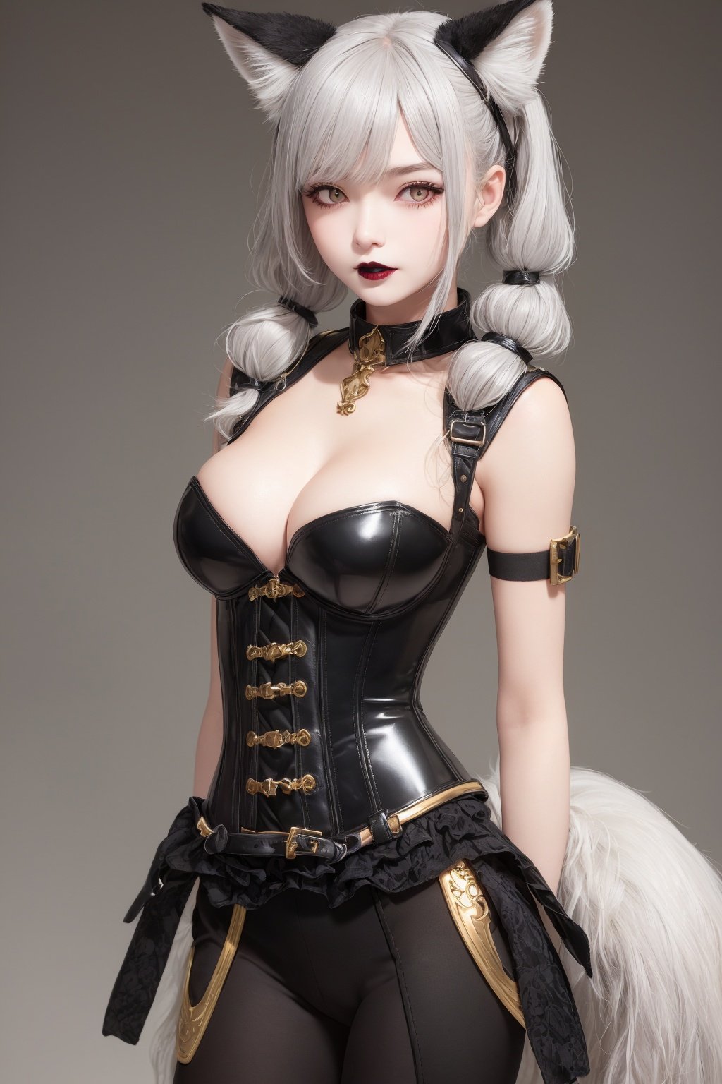 1girl, gray hair, tall, flat chest,neutral face, fox tail, Delicate skin tone, black lips, low twintails, black collar, pauldrons, breastplate, corset, realistic, gold eyes