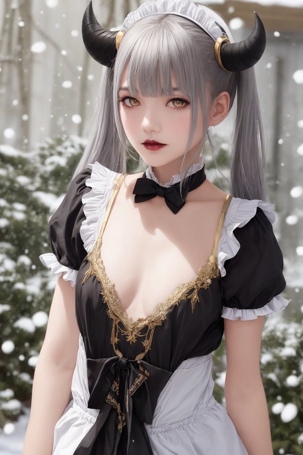 1girl, gray hair, tall, flat chest,neutral face, Delicate skin tone, black lips, low twintails, realistic, gold eyes, maid costume, red horns, forestб snow