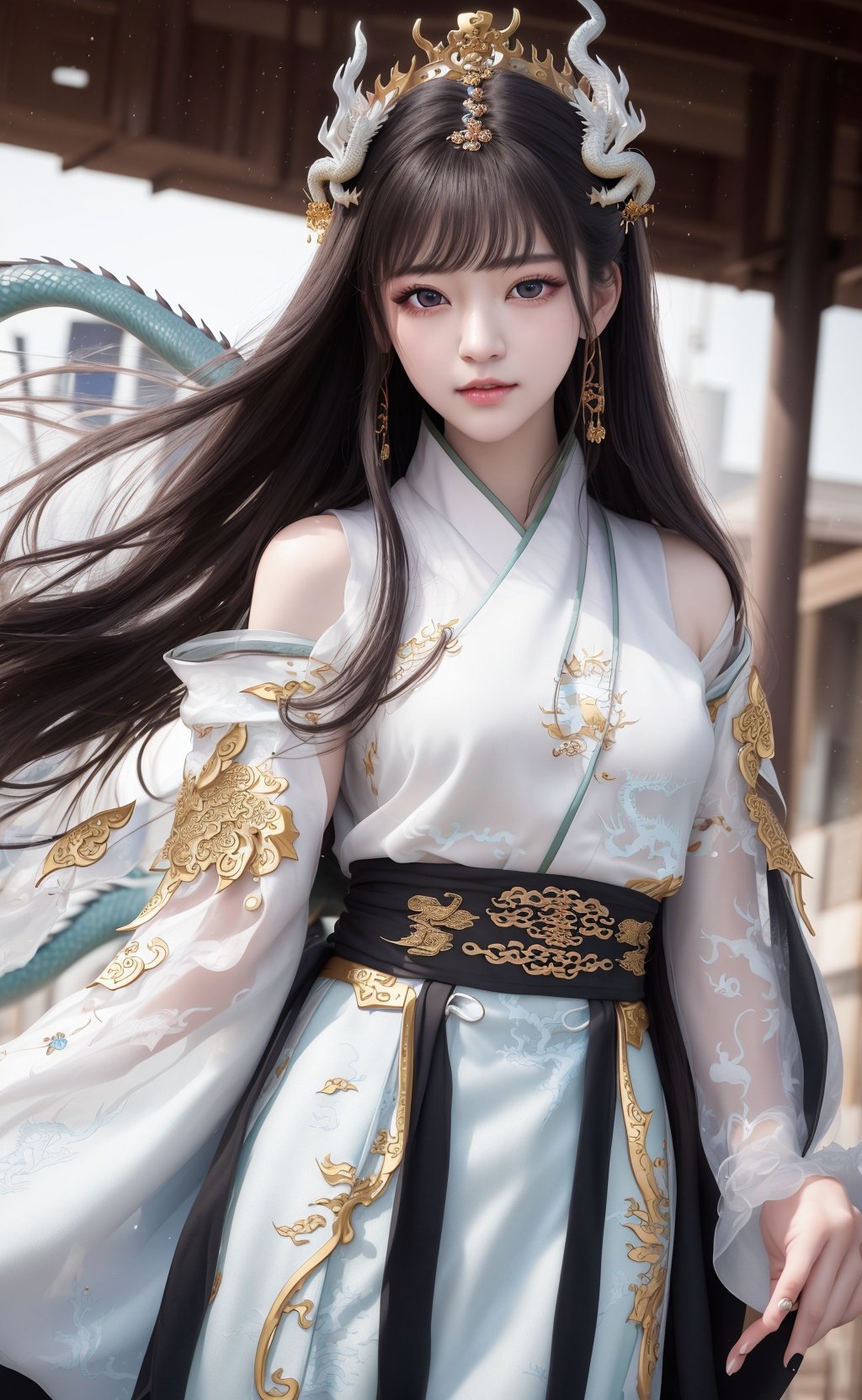 realistic,photorealistic,masterpiece,best quality,1girl,solo,(standing in street),looking at viewer,(masterpiece),(best quality),(super delicate),(extremely delicate and beautiful),(dynamic angle),white and black highlights,(Legendary Dragon Queen:1.3) (1 girl),Hanfu,(complex details) (beautiful and delicate eyes),golden eyes,delicate face,upper body,messy floating hair,messy hair,focus,perfect hands,(fantasy wind),