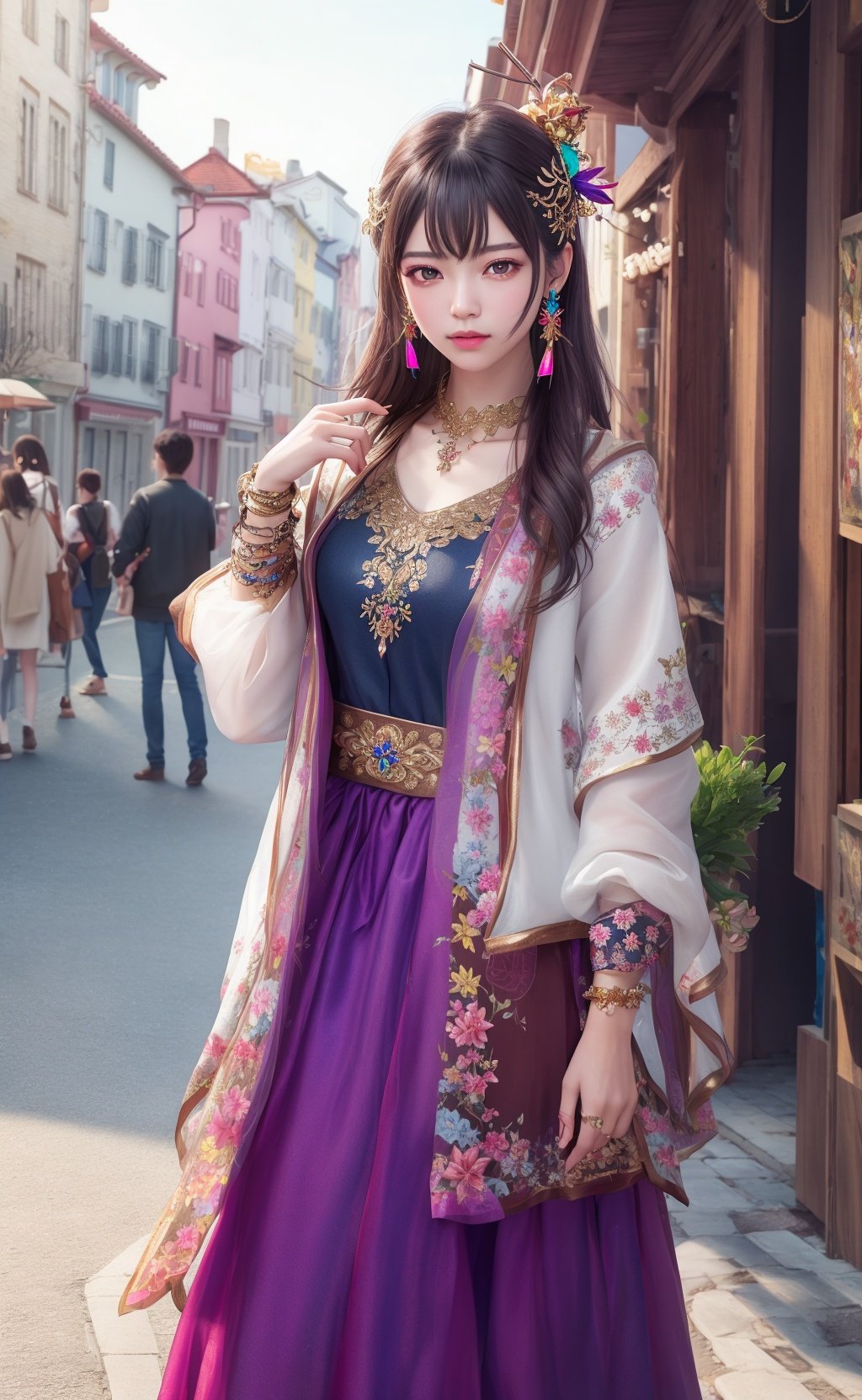 realistic,photorealistic,masterpiece,best quality,1girl,solo,(standing in street),looking at viewer,(long hair),(hair ornament:1.4),(focus on),(((colorful))),Masterpiece,best quality,beautifully painted,highly detailed,(denoising:0.6),highly,detaild,(masterpiece, best quality, extremely detailed CG unity 8k wallpaper,masterpiece, best quality, ultra-detailed),(Lycoris radiata),