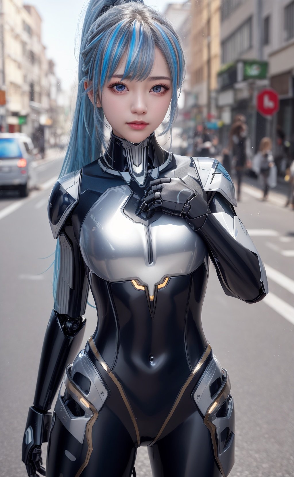 realistic,photorealistic,masterpiece,best quality,1girl,solo,(standing in street),looking at viewer,{{masterpiece}},Flat chestbest quality},solo,flat_chest,Detailed face,{a lot of glowing particles},High ponytail,Mecha cloths,Robot girl,Cool movement,Sliver bodysuit,{filigree},Delete and (enrich) hair,(Sliver) and (broker) body,Blue streaked hair,Depth of field,