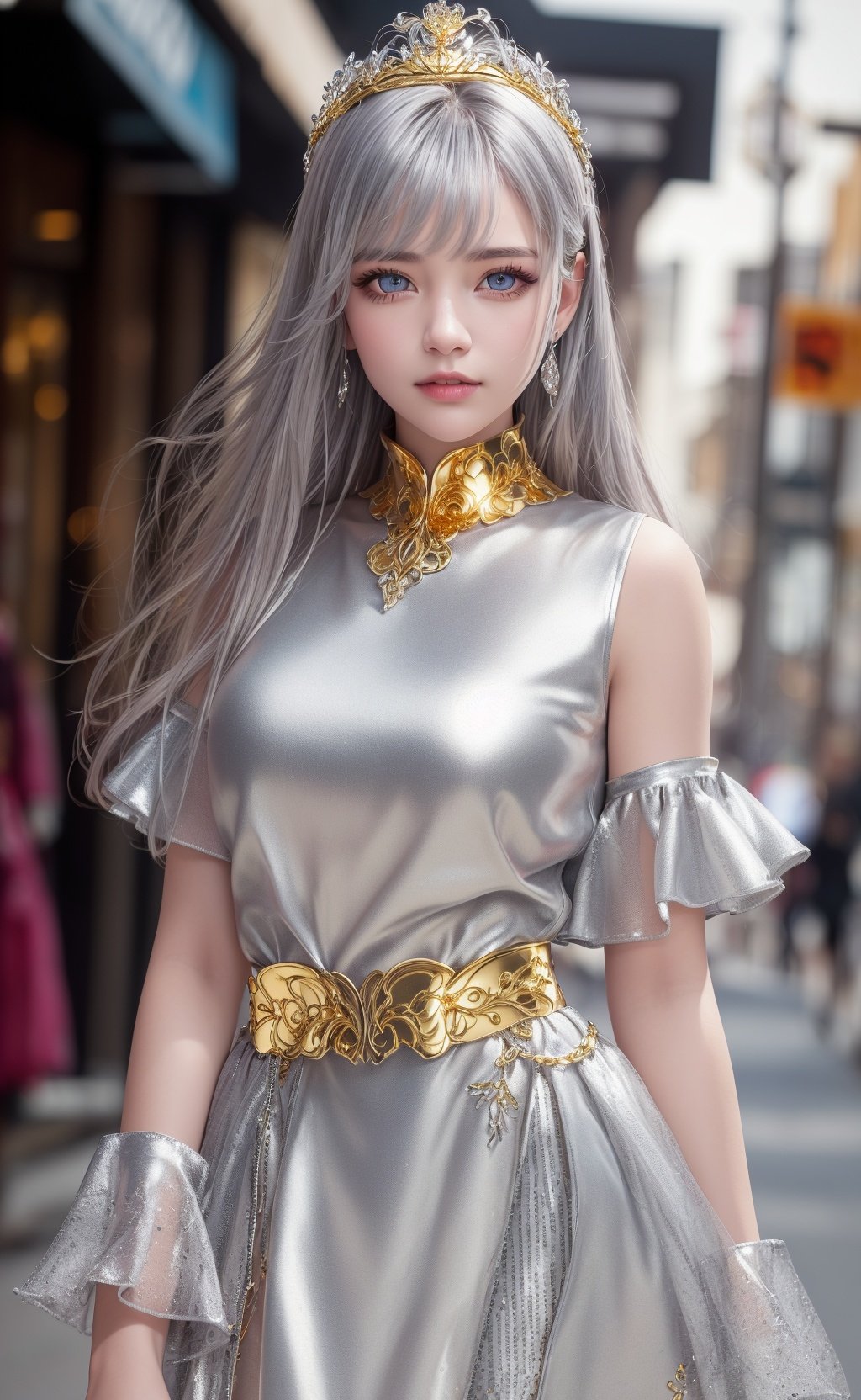 realistic,photorealistic,masterpiece,best quality,1girl,solo,(standing in street),looking at viewer,masterpiece,Best quality,Amazing,Beautiful detailed eyes,((1girl)),Finely detailed,Depth of field,((a girl wears Clothes with a silver texture)),(Extremely large metal style),(Metal crown with orphan stripes),(Floating hair),(Detailed face),(Detailed eyes),(Clothes made of silver),(Clothes with gold place),