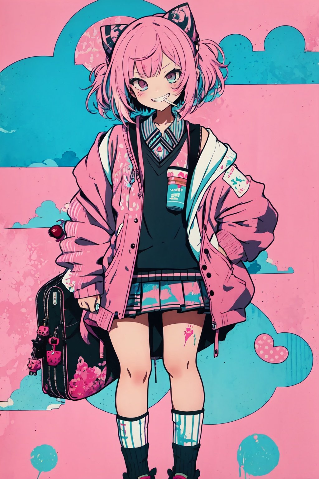 style of Jim Mahfood, girl, asymmetrical bob, schoolgirl uniform, (slouch socks), painted nails, small lollipop, smug grin, high detailed, intricate, pink hue, Illustration, Character Design, Watercolor, Ink, oil, thematic background, ambient enviroment, epic,guiltys,candystyle
