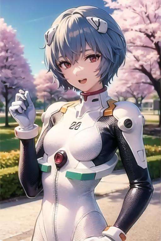 masterpiece, best quality, 1boy, ayanamirei, plugsuit, interface headset, male focus, looking at viewer, shy, open mouth, light smile, city park, cherry blossoms, upper body  <lora:AyanamiReiV6-000010:0.7>