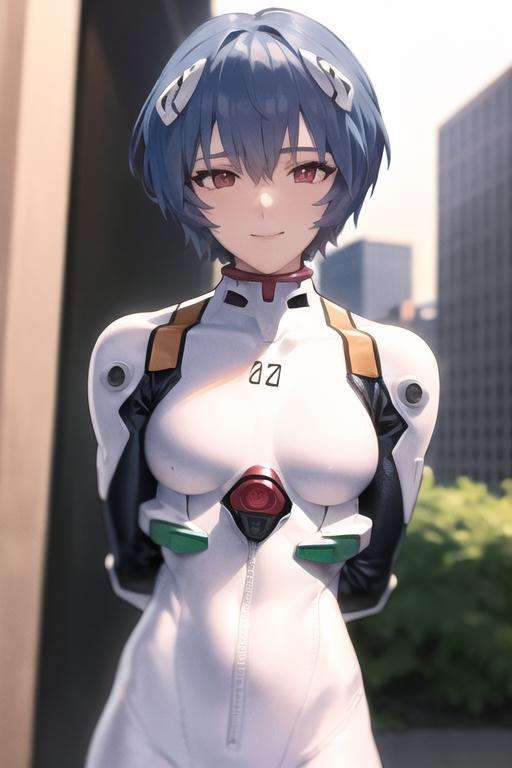 masterpiece, best quality, 1boy, ayanamirei, plugsuit, interface headset, looking at viewer, light smile, city park, upper body, arms_behind_back  <lora:AyanamiReiV6-000010:0.7>