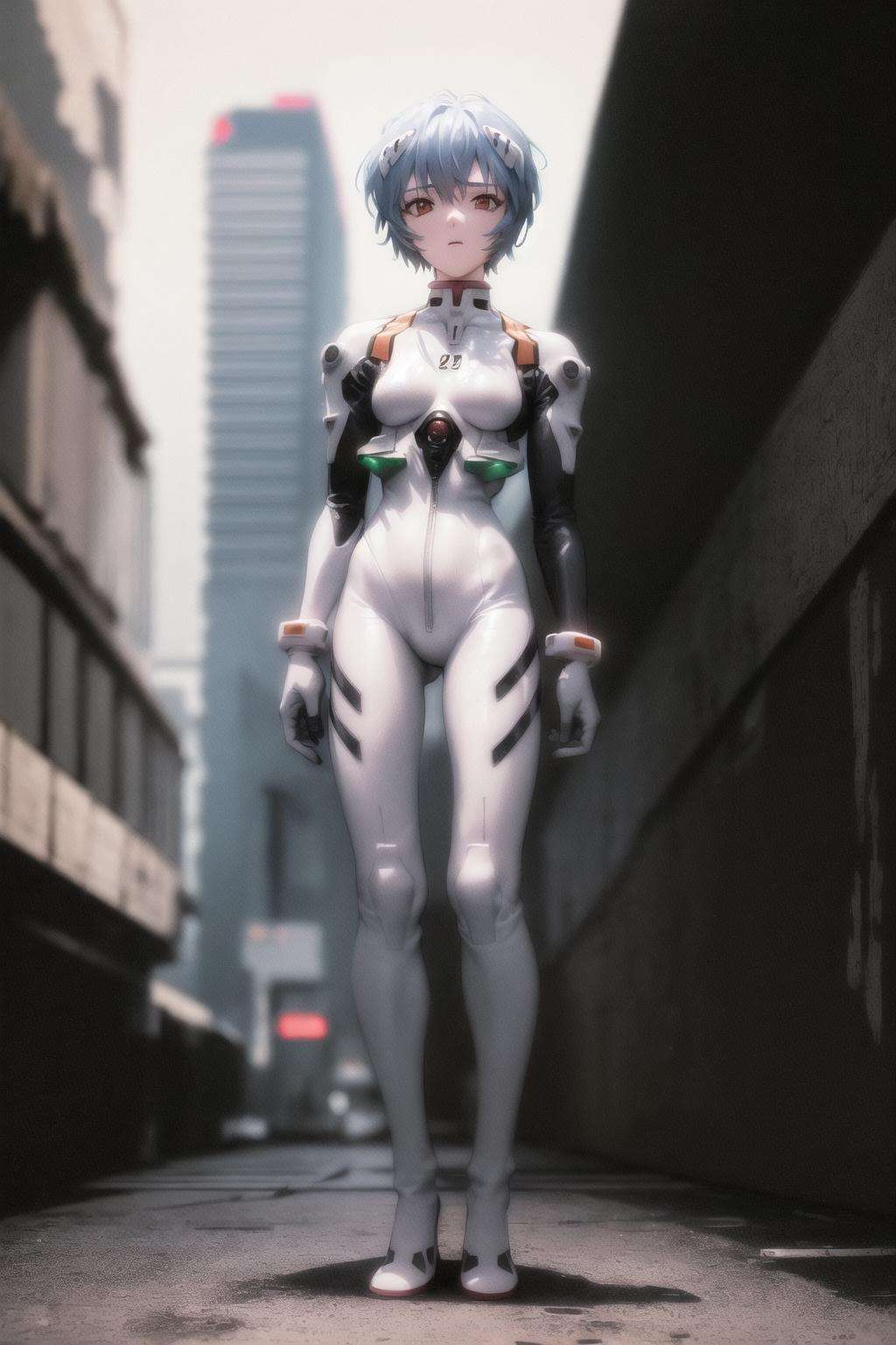 masterpiece, best quality, 1boy, ayanamirei, plugsuit, interface_headset, looking at viewer, expresionless, cyberpunk city, full body, standing  <lora:AyanamiReiV6-000010:0.8>