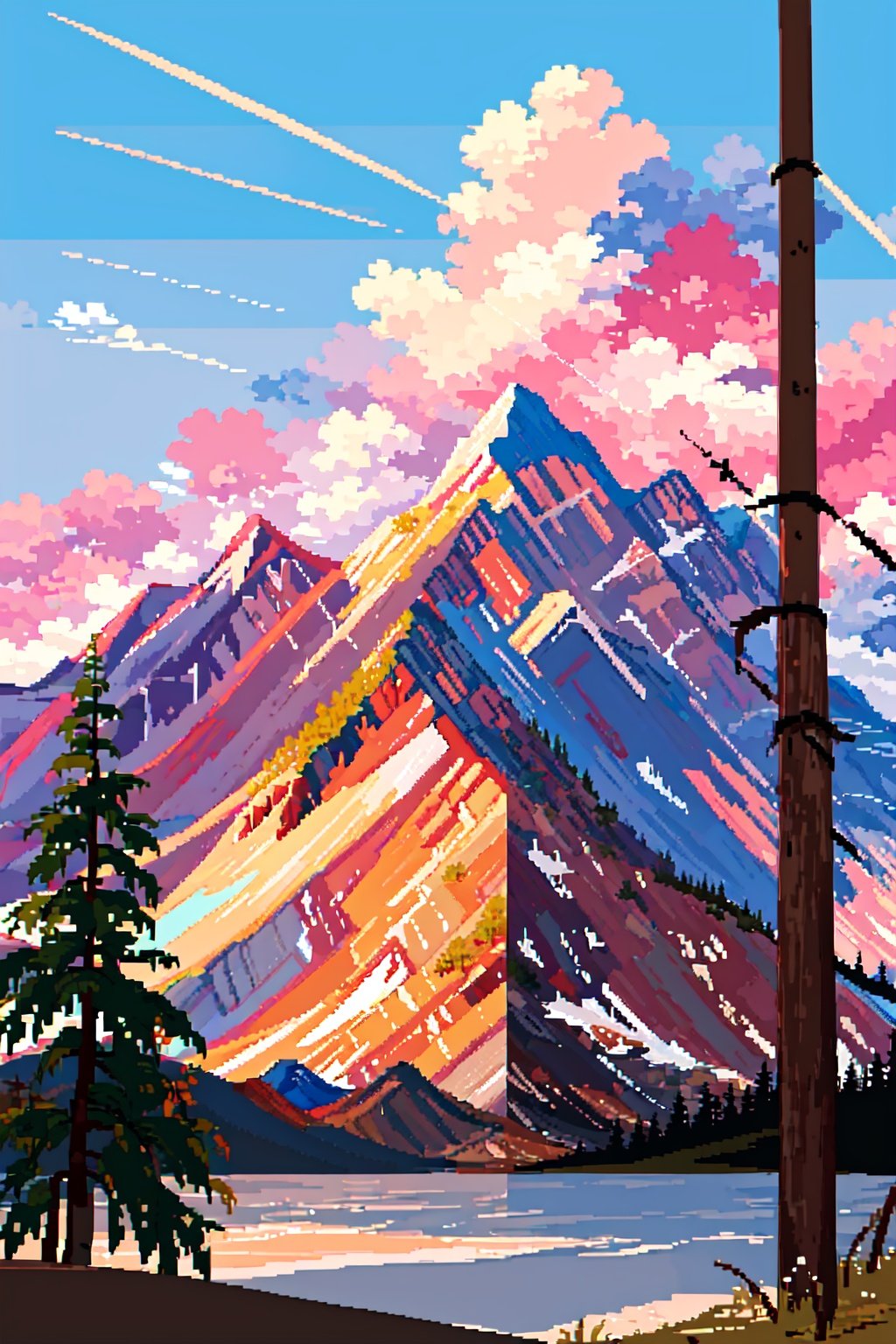 masterpiece, best quality,pixel art,  <lora:Pix:1>,no_humans,mountain