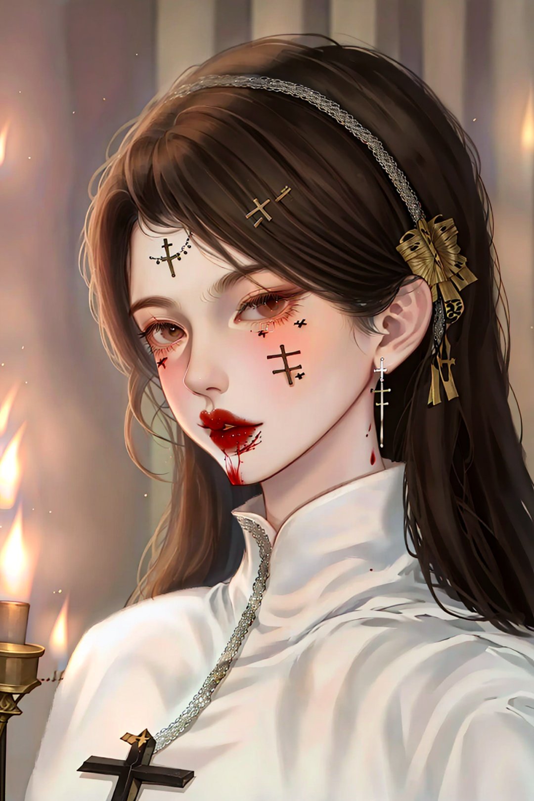 1girl, black hair, blood, blood on face, brown eyes, brown hair, candle, closed mouth, cross, cross earrings, cross necklace, earrings, fashi-girl, hairband, jewelry, latin cross, long hair, looking at viewer, nun, red lips, solo, upper body,mature female