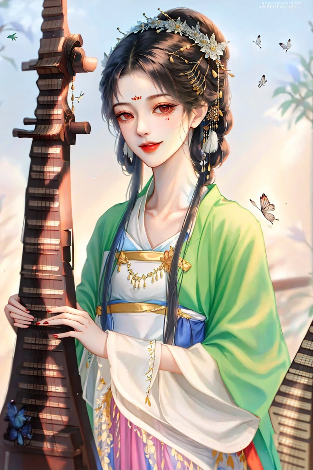 1girl, black hair, bug, butterfly, chinese clothes, facial mark, fashi-girl, flower, forehead mark, hair flower, hair ornament, hair rings, hanfu, holding instrument, lute \(instrument\), long hair, looking at viewer, parted lips,light smile, solo, upper body