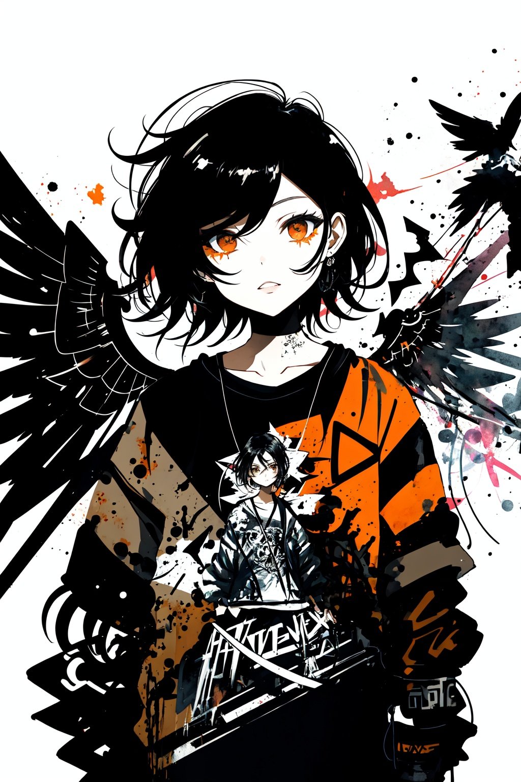 style of Otto Marseus van Schrieck, style of Harvey Kurtzman, Black haired girl, brown eyes, light skin, upper body, posing, wearing a black oversized shirt, skater vibes, graffiti, wings on background, sing, symbols, cross, split, dynamic, halo, minimalistic, Illustration, Watercolor, Ink, thematic background, ambient enviroment, epic, candystyle