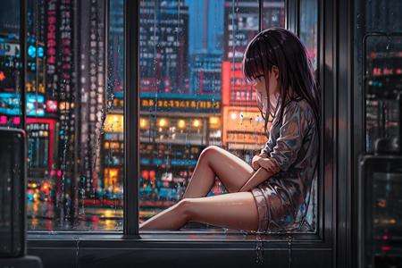 masterpiece, best quality, 1girl, <lora:FenW-000012:1>,rain,on_side,window,sitting,solo,looking away