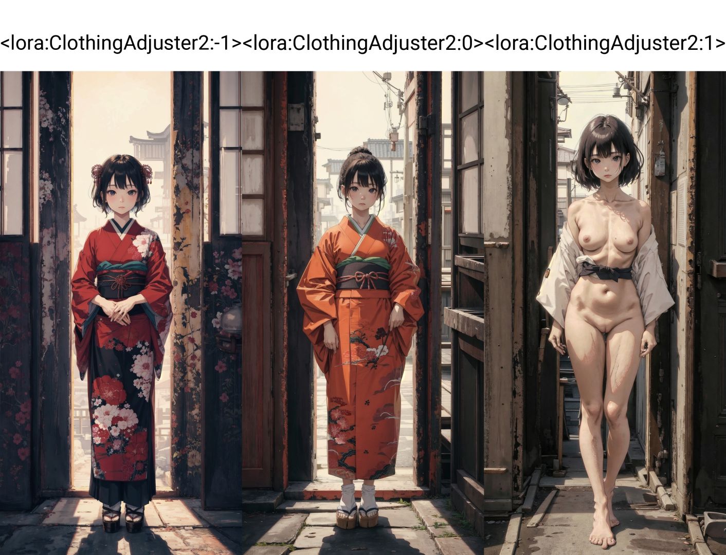 <lora:ClothingAdjuster2:-1>, portrait of a Japanese traditional girl, fashion fluffy cropped hair, looking at viewer, full body, graceful standing posture, solo, low key, dark light, masterpiece, best quality, outdoors