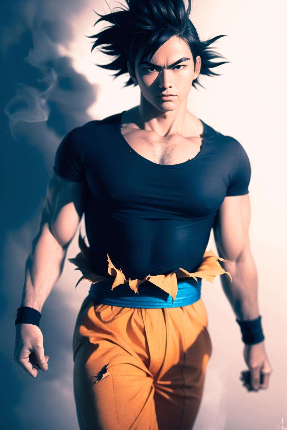 masterpiece, (photorealistic:1.5), best quality, beautiful lighting, real life, son goku, 1boy, asian man, angry, upper body, biceps, black hair, blue sash, blue shirt, blue wristband, closed mouth, collarbone, cowboy shot, dougi, energy, frown, green eyes, looking at viewer, male focus, muscular, muscular male, outstretched arm, sash, scene reference, scratches, shirt, signature, smoke, solo, spiked hair, standing, torn clothes, ultra instinct, v-shaped eyebrows, walking, wristband <lora:son_goku_offset:1>