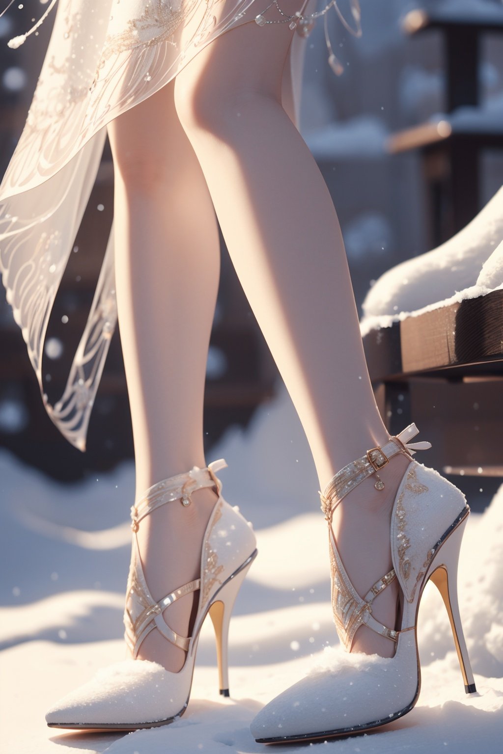 best quality, masterpiece, ultra high res, (photorealistic:1.4),a girl wearing high heels,high heels,(Snow:1.5),1 girl