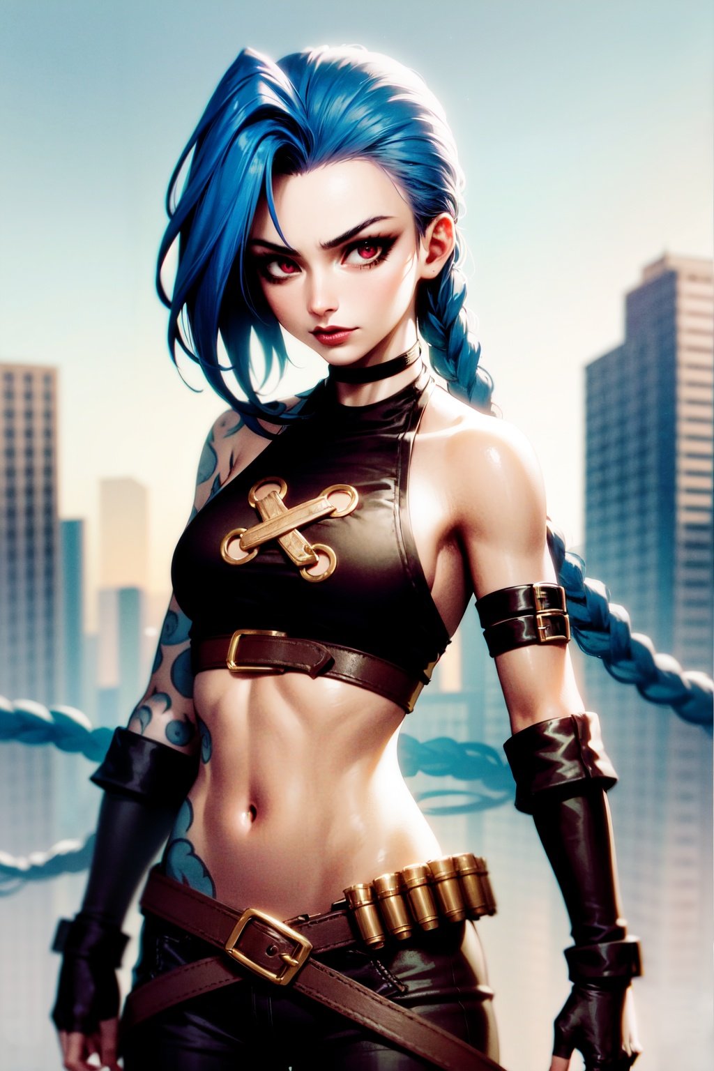 JinxLol,mature female,1girl, solo,looking at viewer, navel, gloves, fingerless gloves, character name, midriff, bare shoulders, looking at viewer, gun, crop top, belt,outdoors,<lora:JinxLolEp8dim8:1>,
