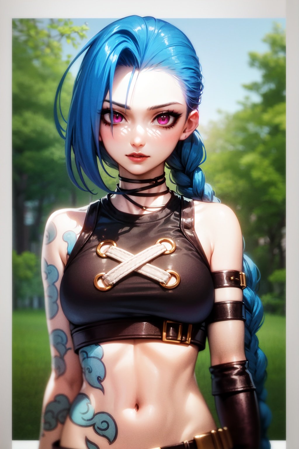 JinxLol,mature female,1girl, solo,looking at viewer, navel, gloves, fingerless gloves, character name, midriff, bare shoulders, looking at viewer, gun, crop top, belt,outdoors,<lora:JinxLolEp8dim8:1>,