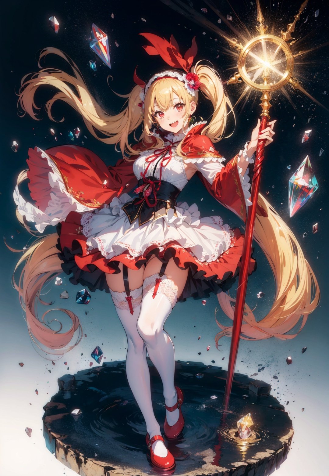 1girl, solo, long hair, yellow hair, magic circle, thighhighs, staff, hairband, skirt, magic, white thighhighs, full body, looking at viewer, white background, red eyes, frills, twintails, garter straps, hair ornament, wide sleeves, holding staff, jewelry, red skirt, simple background, very long hair, dress, zettai ryouiki, frilled skirt, standing, capelet, long sleeves, holding, breasts, brown eyes, crystal, gem, floating hair, bangs,arms up,laughing,  happy
