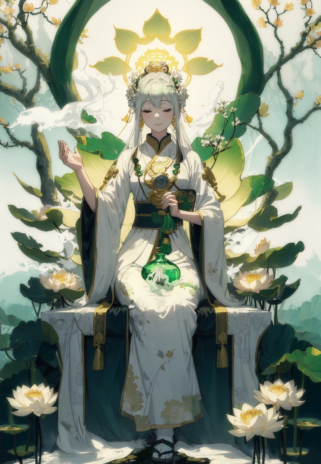 
dreamy, serene, white and green:1.2),
(full body, sitting, Guanyin with jade bottle:1.1),(praying hands),(blessing),(smiling),(compassionate),
(lotus throne, floating, below Guanyin:1.2),
(lotus flowers, branches),
(dry ice, fog, below:1.1),
(from front),(medium shot),
As she sits on a floating lotus throne, Guanyin holds a jade bottle and makes a praying gesture. She smiles and blesses the world with her compassion. Behind her, lotus flowers and branches surround her, creating a natural and peaceful backdrop. Below her, dry ice forms a fog that adds to the dreamy atmosphere. The main colors are white and green, creating a pure and harmonious mood.
(magazine:1.3), (cover-style:1.3), fashionable, woman, vibrant, outfit, posing, front, colorful, dynamic, background, elements, confident, expression, holding, statement, accessory, majestic, coiled, around, touch, scene, text, cover, bold, attention-grabbing, title, stylish, font, catchy, headline, larger, striking, modern, trendy, focus, fashion,, baisixuegao,white pantyhose,
