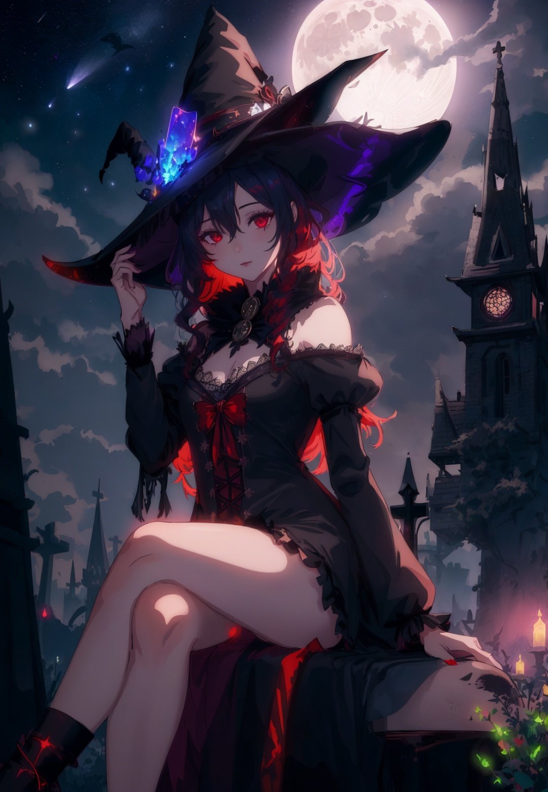 8k wallpaper, 1girl, sexy,crossed legs,fantasy, cinematic lighting, witch, magic, witch hat, witch dress, upskirt,gobi, moon light,shooting stars in the sky ,(dark theme:1.3),bell Tower, cemetery,(Black to red gradient hair),
