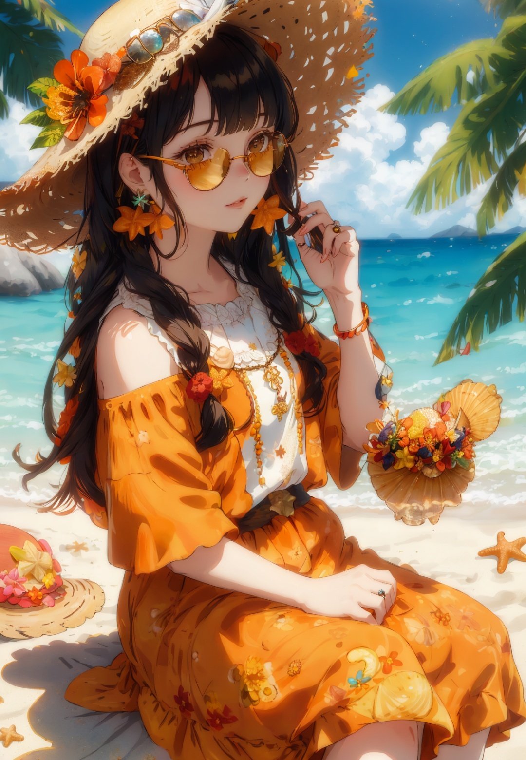1girl, solo, starfish, seashell, shell, flower, hat, hair ornament, jewelry, straw hat, looking at viewer, sunglasses, hat flower, drinking straw, hairclip, earrings, red flower, tinted eyewear, yellow flower, bangs, english text, multicolored hair, orange flower, black hair, ring, cup, long hair, orange-tinted eyewear, food, brown hair, portrait, shell hair ornament ,
