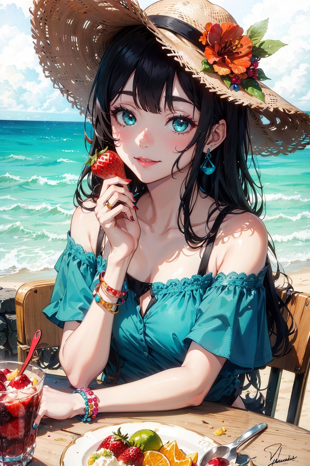 1girl, solo, hat, food, jewelry, long hair, flower, fruit, ice cream, earrings, looking at viewer, spoon, nail polish, off shoulder, bracelet, signature, table, parfait, black hair, bangs, holding spoon, bare shoulders, ring, red flower, hibiscus, upper body, hat flower, cherry, brown headwear, straw hat, orange (fruit), aqua eyes, strawberry, aqua nails, closed mouth, green eyes, cup, smile, brown hair, holding, swimsuit, shirt, elbows on table
