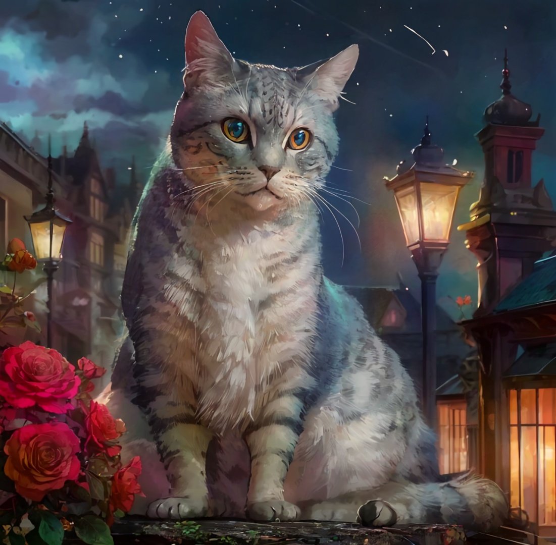 ((best quality)),((masterpiece)),(detailed),(realistic:1.4),ultra high res,Highly detailed,best quality,meloncat,fluffy,beautiful eyes,perfect anatomy,magic,mythology,fantasy,high quality,(intricate details:1.2),hyper detailed,sky,flowers,bird,fairy tale,night,