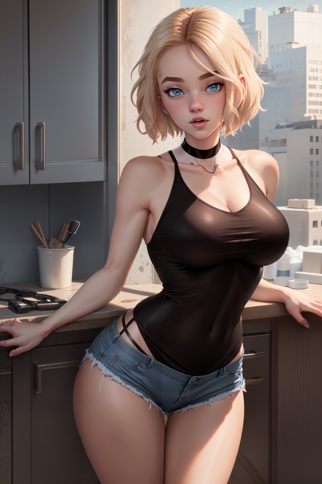 gwen stacy, blonde hair, short hair, blue eyes, best quality ,masterpiece, extremely delicate and beautiful, extremely detailed,black t-shirt, large breast, black choker, short shorts , denim shorts, thick thighs, thigh gap , curvy, cleavage, arms behind back  <lora:gwen_1.5:0.68>