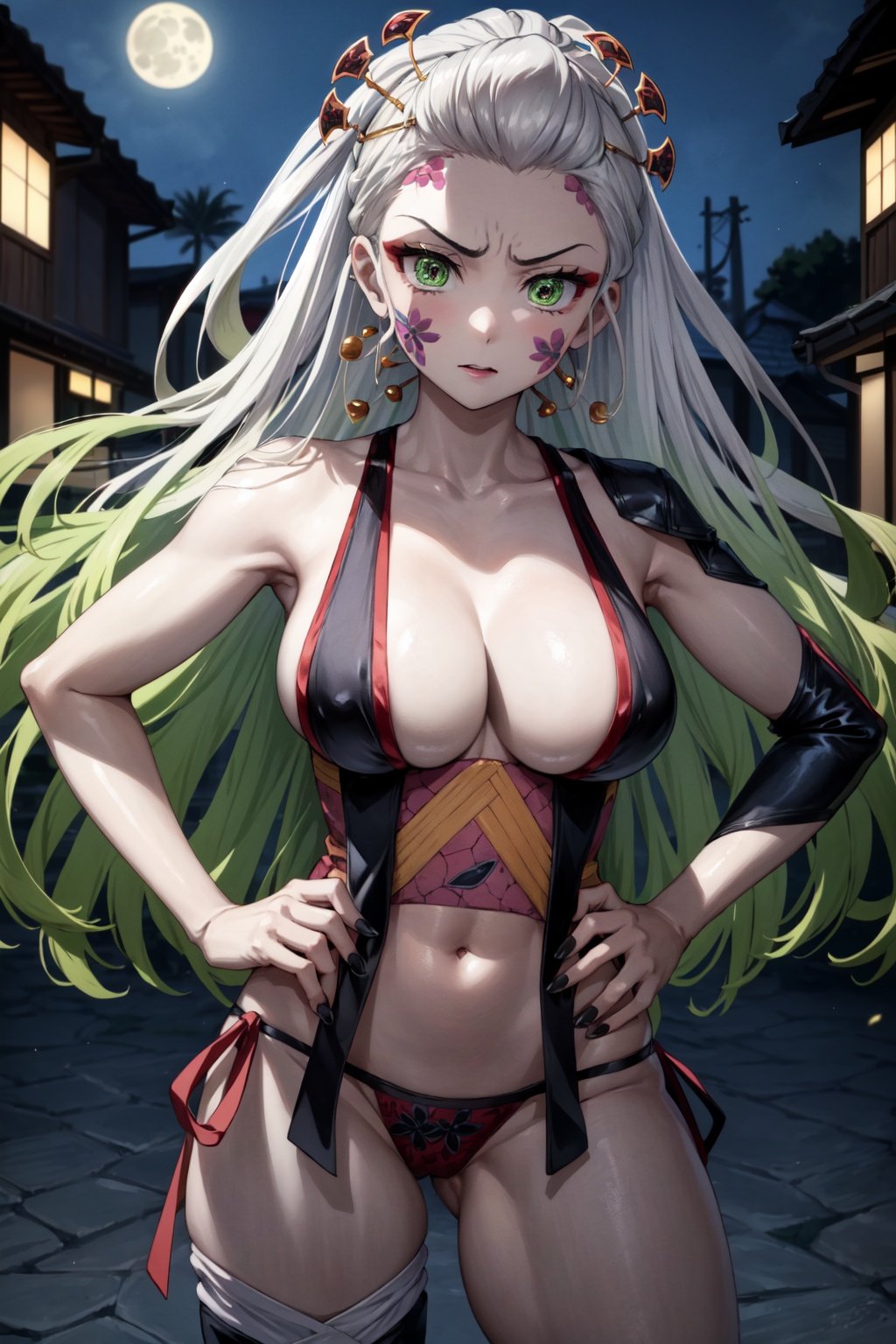 masterpiece, best quality, DakiV4, 1girl, solo, ((very very very hiper-white skin)), long hair, breasts, looking at the viewer, disgusted face, hair ornament, thighs, cleavage, very long hair, open clothes, underwear, panties, white hair, multicolored hair, green hair, makeup, nails, hands on hips, degraded hair, facial mark, green eyes, background of Japanese houses at night, moonlight, <lora:EMS-1448-EMS:1>, <lora:EMS-179-EMS:0.4>