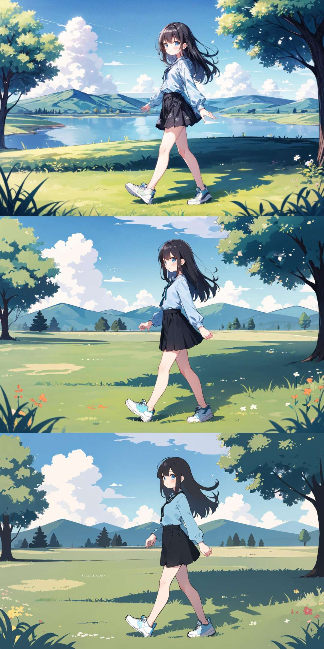 masterpiece, best quality, 1girl, solo, long hair, skirt, outdoors, cloud, black hair, blue eyes, shirt, long sleeves, shoes, sky, tree, black skirt, full body, blue sky, bangs, blush, blue shirt, sneakers, standing, grass, white footwear, cloudy sky, day, print shirt, looking at viewer, walking, from side, <lora:add_detail:1>